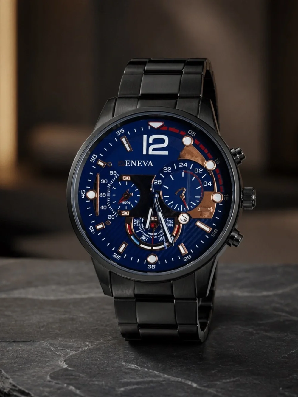 Geneva Men’s Luxury Wrist Watch Round Dial 3 Time Zone Quartz NWT